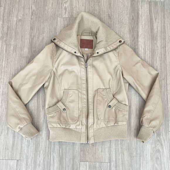 Miss London Y2K Vegan Faux Leather Tan Nude Moto Zip Jacket Size Large - Picture 3 of 7